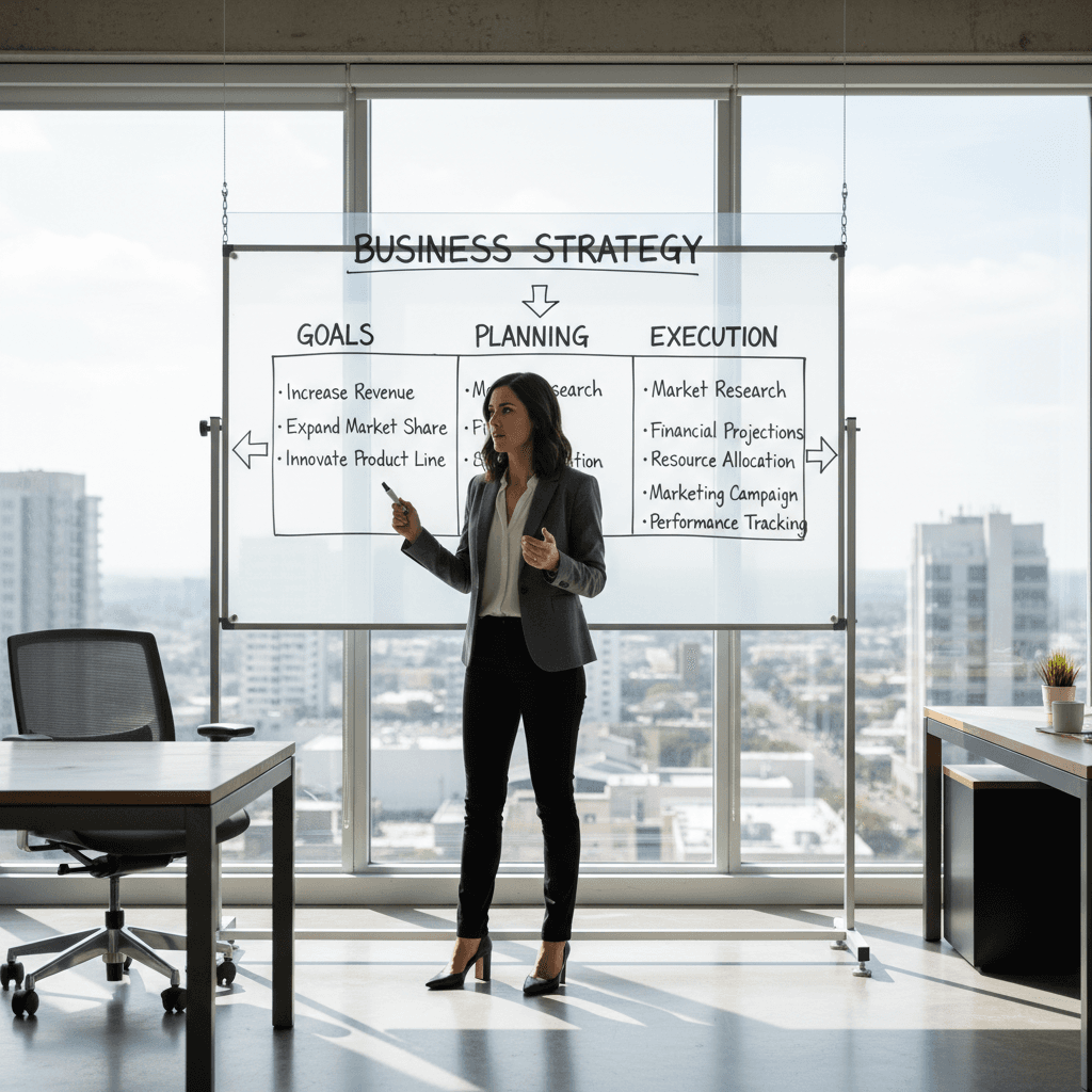 Professional organizer planning on whiteboard in bright office