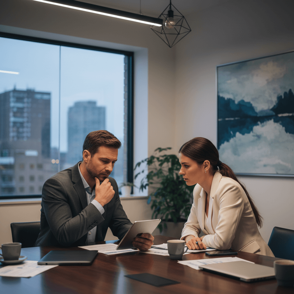 Entrepreneur in thoughtful meeting with focused expression