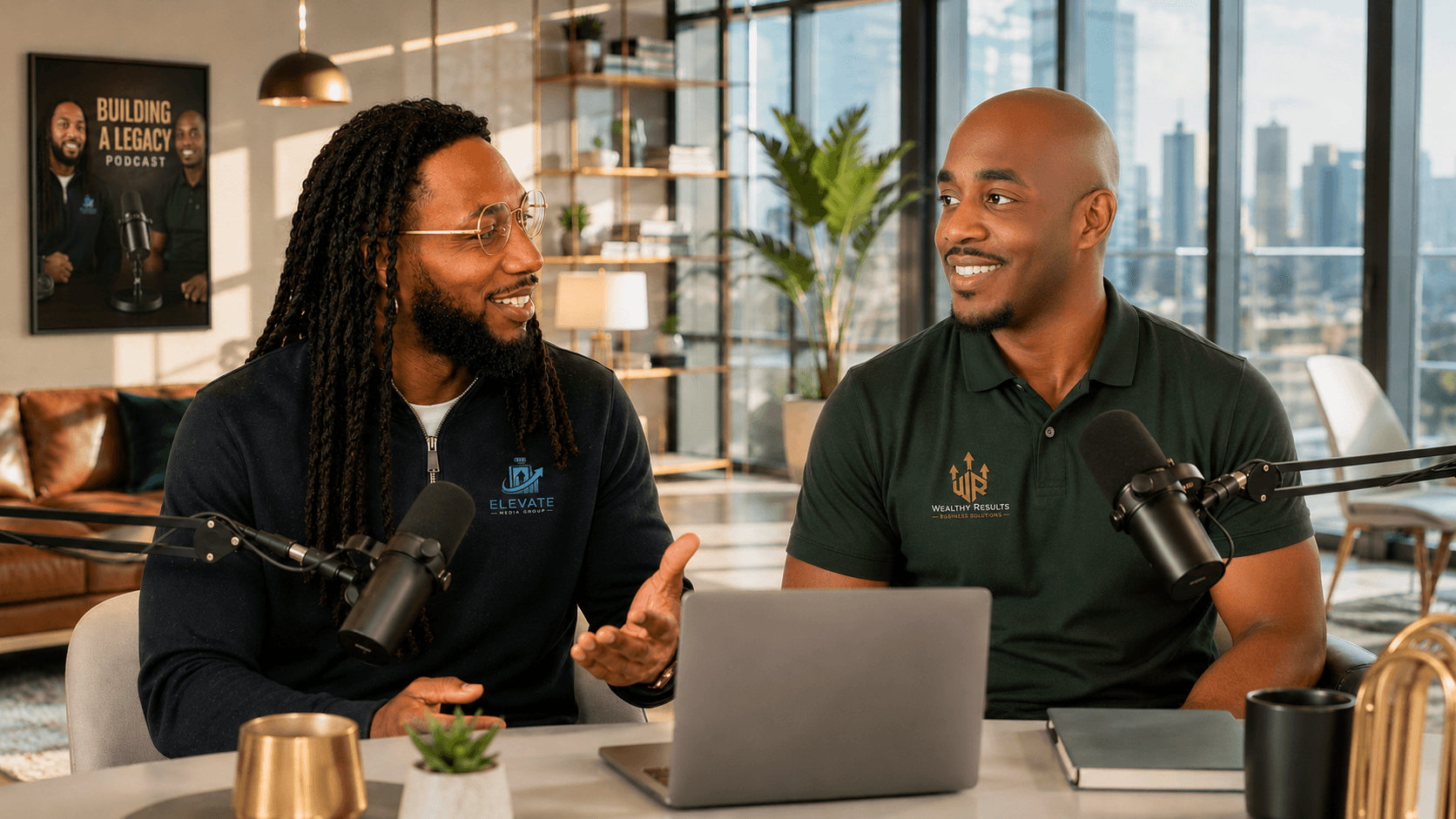 Two Black men recording a podcast in a modern office overlooking a city skyline.