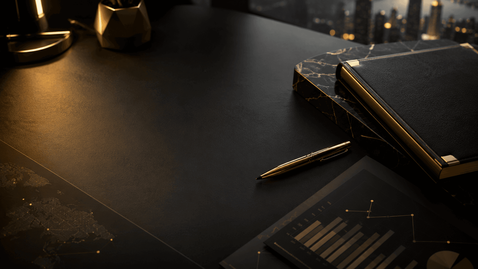 Elegant dark desk featuring a gold pen, leather notebook, and financial charts at night.